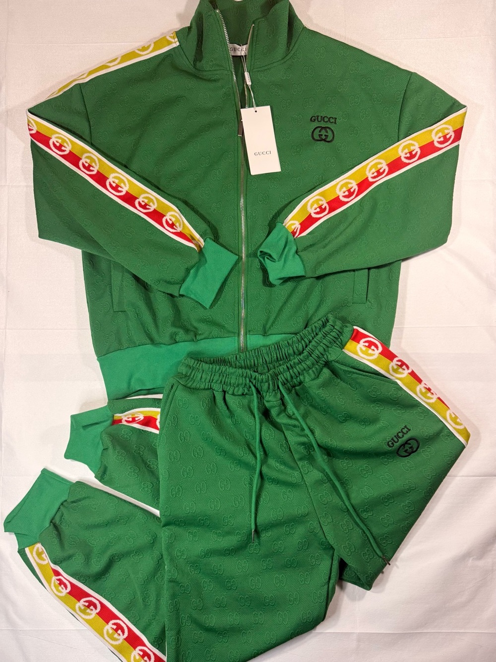Gucci Green Track Jacket and Joggers with Red and Yellow Logo Tape
